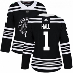 Womens Adidas Chicago Blackhawks 1 Glenn Hall Authentic Black 2019 Winter Classic NHL Jersey 