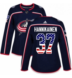 Womens Adidas Columbus Blue Jackets 37 Markus Hannikainen Authentic Navy Blue USA Flag Fashion NHL Jersey 