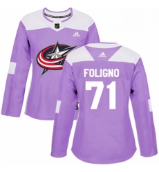 Womens Adidas Columbus Blue Jackets 71 Nick Foligno Authentic Purple Fights Cancer Practice NHL Jersey 