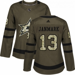 Womens Adidas Dallas Stars 13 Mattias Janmark Authentic Green Salute to Service NHL Jersey 