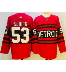 Men Detroit Red Wings 53 Moritz Seider Red 2022 23 Reverse Retro Stitched Jersey