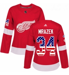 Womens Adidas Detroit Red Wings 34 Petr Mrazek Authentic Red USA Flag Fashion NHL Jersey 