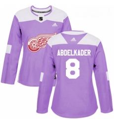 Womens Adidas Detroit Red Wings 8 Justin Abdelkader Authentic Purple Fights Cancer Practice NHL Jersey 