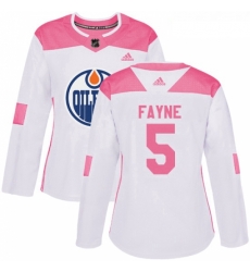 Womens Adidas Edmonton Oilers 5 Mark Fayne Authentic WhitePink Fashion NHL Jersey 