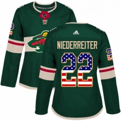 Womens Adidas Minnesota Wild 22 Nino Niederreiter Authentic Green USA Flag Fashion NHL Jersey 