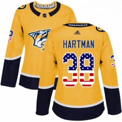 Womens Adidas Nashville Predators 38 Ryan Hartman Authentic Gold USA Flag Fashion NHL Jersey 