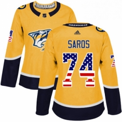 Womens Adidas Nashville Predators 74 Juuse Saros Authentic Gold USA Flag Fashion NHL Jersey 