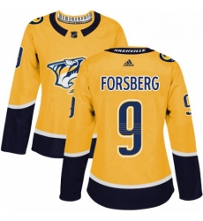 Womens Adidas Nashville Predators 9 Filip Forsberg Authentic Gold Home NHL Jersey 