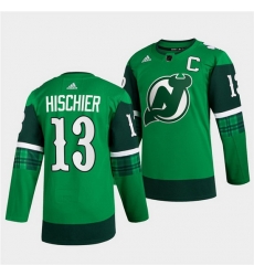 Men New jerseyy Devils 13 Nico Hischier Green Warm Up St Patricks Day Stitched jersey