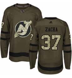 Mens Adidas New Jersey Devils 37 Pavel Zacha Authentic Green Salute to Service NHL Jersey 