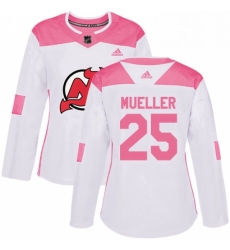 Womens Adidas New Jersey Devils 25 Mirco Mueller Authentic WhitePink Fashion NHL Jersey 