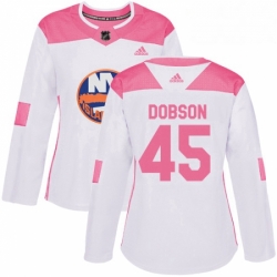 Womens Adidas New York Islanders 45 Noah Dobson Authentic White Pink Fashion NHL Jersey 