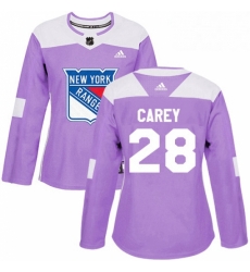 Womens Adidas New York Rangers 28 Paul Carey Authentic Purple Fights Cancer Practice NHL Jersey 