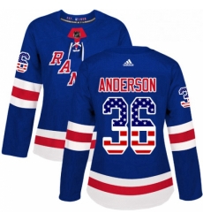 Womens Adidas New York Rangers 36 Glenn Anderson Authentic Royal Blue USA Flag Fashion NHL Jersey 