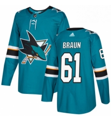 Mens Adidas San Jose Sharks 61 Justin Braun Authentic Teal Green Home NHL Jersey 