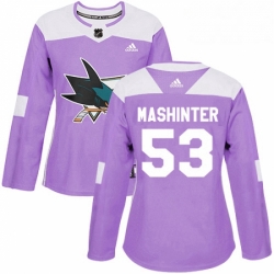 Womens Adidas San Jose Sharks 53 Brandon Mashinter Authentic Purple Fights Cancer Practice NHL Jersey 