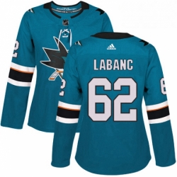 Womens Adidas San Jose Sharks 62 Kevin Labanc Premier Teal Green Home NHL Jersey 