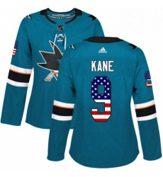 Womens Adidas San Jose Sharks 9 Evander Kane Authentic Teal Green USA Flag Fashion NHL Jersey 