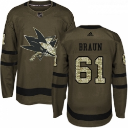 Youth Adidas San Jose Sharks 61 Justin Braun Premier Green Salute to Service NHL Jersey 