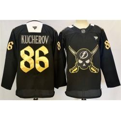 Men Tampa Bay Lightning 86 Nikita Kucherov 2024 25 Black Gasparilla Inspired Pirate Themed Warmup Stitched Jersey