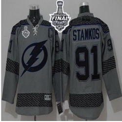 Tampa Bay Lightning #91 Steven Stamkos Charcoal Cross Check Fashion 2015 Stanley Cup Stitched NHL Jersey