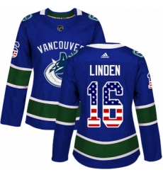 Womens Adidas Vancouver Canucks 16 Trevor Linden Authentic Blue USA Flag Fashion NHL Jersey 