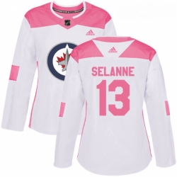 Womens Adidas Winnipeg Jets 13 Teemu Selanne Authentic WhitePink Fashion NHL Jersey 