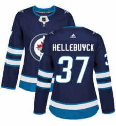 Womens Adidas Winnipeg Jets 37 Connor Hellebuyck Authentic Navy Blue Home NHL Jersey 