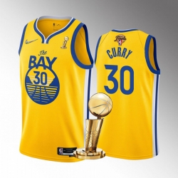 Men's Golden State Warriors #30 Stephen Curry 2022 Yellow NBA Finals Champions Stitched Jersey