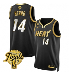 Men Miami Heat 14 Tyler Herro Black Gold Edition 2023 Finals Collection With NO 6 Patch Stitched Basketball Jersey