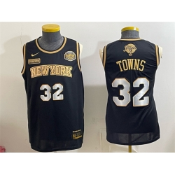 Men New Yok Knicks  32 Karl Anthony Towns Black Gold 2026 Finals   Eastern Conference Champions Patch Stitched Jersey