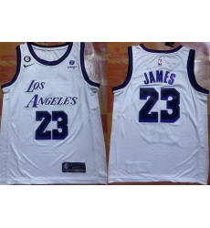 Men Los Angeles Lakers 23 LeBron James 2022 23 White With NO 6 Patch Stitched Basketball Jersey