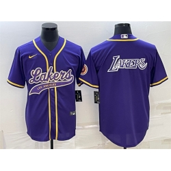 Men Los Angeles Lakers Purple Big Logo Cool Base Stitched Baseball Jersey