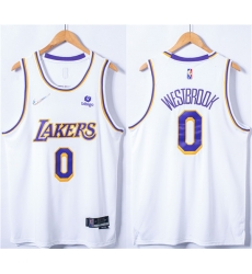 Men's Los Angeles Lakers #0 Russell Westbrook 75th Anniversary Bibigo White Stitched Basketball Jersey