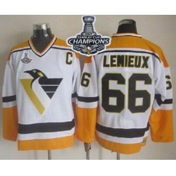 Penguins #66 Mario Lemieux White Yellow CCM Throwback 2017 Stanley Cup Finals Champions Stitched NHL Jersey