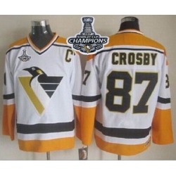 Penguins #87 Sidney Crosby White Yellow CCM Throwback 2017 Stanley Cup Finals Champions Stitched NHL Jersey