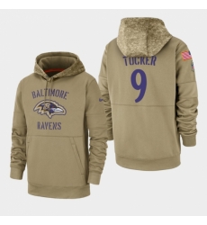 Mens Baltimore Ravens 9 Justin Tucker 2019 Salute to Service Sideline Therma Pullover Hoodie Tan