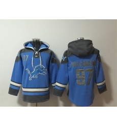 Men Detroit Lions 97 Aidan Hutchinson Blue Ageless Must Have Lace Up Pullover Hoodie