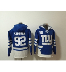 Men New York Giants 92 Michael Strahan Blue White Lace Up Pullover Hoodie