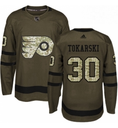 Mens Adidas Philadelphia Flyers 30 Dustin Tokarski Authentic Green Salute to Service NHL Jersey 