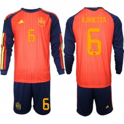 Spain 2026 FIFA World Cup Soccer Jersey Red LONG #6 A.INIESTA