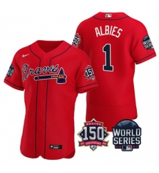 Men Atlanta Braves 1 Ozzie Albies 2021 Red World Series With 150th Anniversary Patch Stitched Baseball Jersey