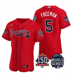 Men Atlanta Braves 5 Freddie Freeman 2021 Red World Series With 150th Anniversary Patch Stitched Baseball Jersey