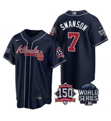 Men Atlanta Braves 7 Dansby Swanson 2021 Navy World Series With 150th Anniversary Patch Cool Base Stitched Jersey