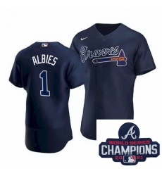 Men Nike Atlanta Braves 1 Ozzie Albies Navy Blue Home Stitched Baseball Stitched MLB 2021 Champions Patch Jersey