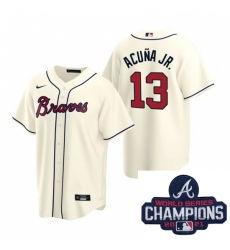 Men Nike Atlanta Braves 13 Ronald Acuna Jr Cream Alternate Stitched Baseball Stitched MLB 2021 Champions Patch Jersey