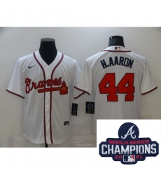 Men Nike Atlanta Braves 44 Hank Aaron White Stitched MLB 2021 Champions Patch Jersey