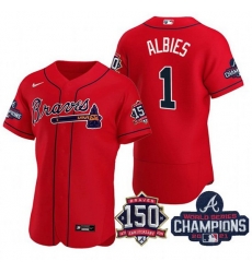 Men's Red Atlanta Braves #1 Ozzie Albies 2021 World Series Champions With 150th Anniversary Flex Base Stitched Jersey