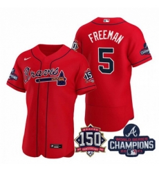 Men's Red Atlanta Braves #5 Freddie Freeman 2021 World Series Champions With 150th Anniversary Flex Base Stitched Jersey