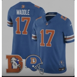 Denver Broncos, 17 Jaylen Waddle, Throwback 3 Times Champion Patch Vapor Limited All Stitched Blue Jersey